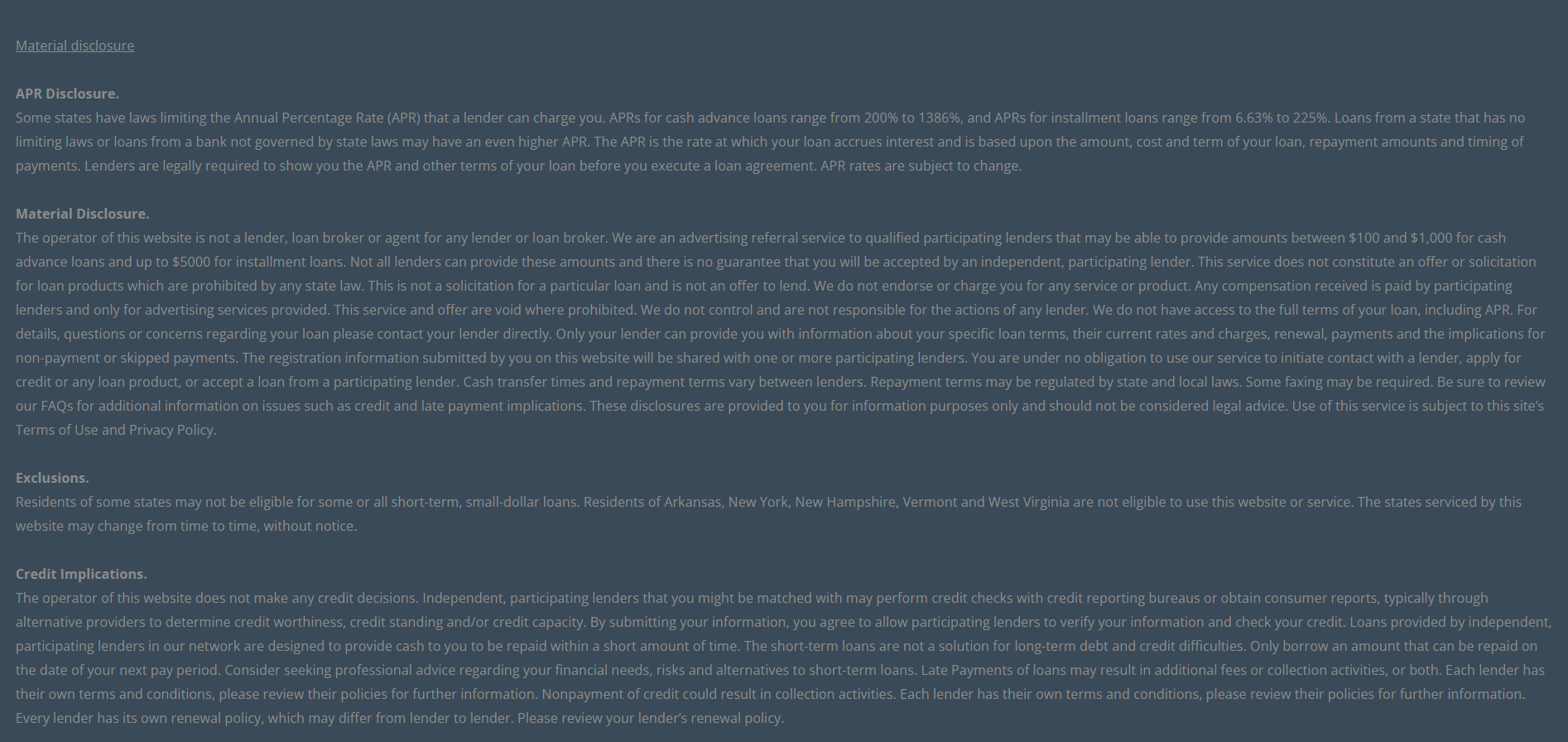 Material disclosure for payday loans in Chula Vista California